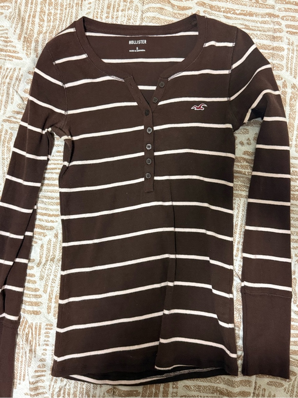 Hollister Brown & Cream Striped Henley Crewneck Sweater
